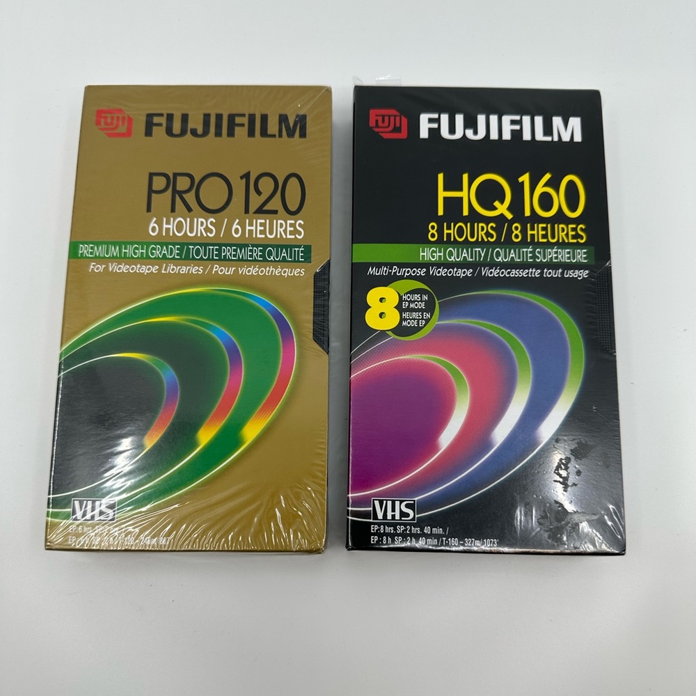 Never Opened Fujifilm Blank VHS Tapes. 1 HQ 160 8 hours and 1 Pro 120 6 hours.